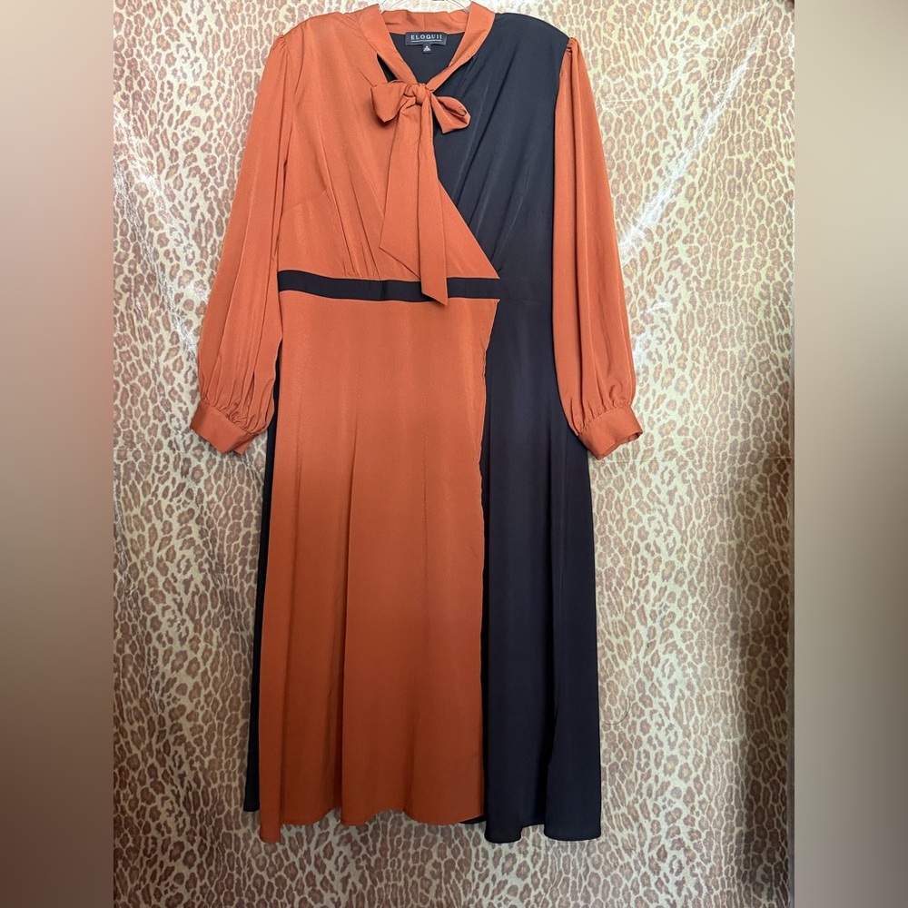 Eloquii Rust and Black Two-Tone Tie-Neck Long Sleeve Dress